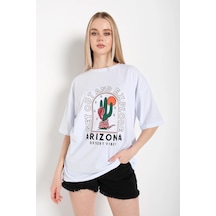 Startmore Kadın Beyaz Oversize Arizona Baskılı T-shirt Beyaz
