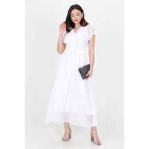 Neşeli Butik Kadın Yeni Sezon Kruvaze Yaka Bağlama Detaylı Uzun Şifon Elbise Nb0001 Beyaz