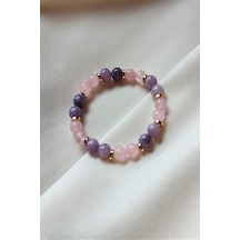 8 Mm Lepidolit, Pembe Kuvars Doğal Taş Bileklik Çok Renkli