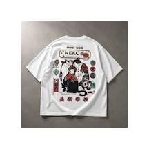 Yolo Street Oversize Beyaz Unisex Tişört %100 Pamuk Japon Kedi Dövme Baskılı Neko Vintage Grafik Beyaz1xa