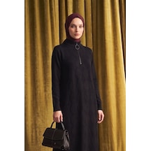 Armine Trend Baklava Desenli Fermuar Yaka Uzun Triko Tunik Siyah 25ktd4112