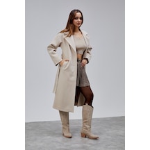 Bej Premium Oversize Kemerli Kaşe Kaban Bej