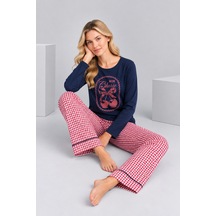 Pijamask Kadın Lacivert Mon Chérie Kiraz Baskılı Ekose Bol Paça Pamuklu Pijama Takımı Lacivert