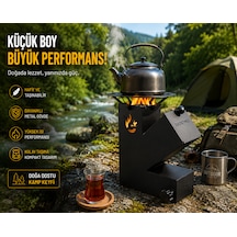 Roket Soba, Rocket Stove 27x21x9,5 Kamp Ocağı, Odun Veya Pelet Kolay Yakıt Besleme Kapağı Ve 800 Derece Isıya Dayanıklı 2 Mm Çelik Üretim Siyah