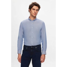 Ds Damat Slim Fit Mavi Armürlü Düğmeli Yaka Pamuklu Gömlek 5HC02ORT07265 Mavi