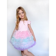 Linola Baby Kids Rainbow Tütü Etekli Kısa Kollu Çocuk Elbisesi Pembe