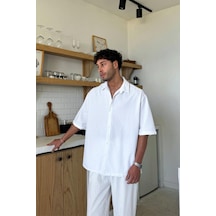 Flaw Basic Oversize Kısa Kol Keten Gömlek Beyaz-26088 Beyaz