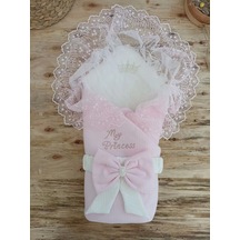 Bal Peteği My Princess Taç Nakış İnci Fiyonklu Dantel Duvaklı Delüks Kundak Bebek Battaniyesi Pembe Pembe