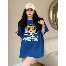 Have Fun Gözlüklü Figür T-shirt - Lacivert Baskılı Oversize Bisiklet Yaka Kısa Kol Tişört Lacivert
