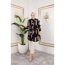 Hira Life Fashion Kadın Tesettür Giyim Ve Spor Giyime Uygun Düğme Detaylı Şık Desenli Dokuma Viskon Gömlek-tunik Siyah 2 Siyah 2
