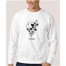 Skull Lockscreen I Tred Baskılı Beyaz Erkek Örme Sweatshirt