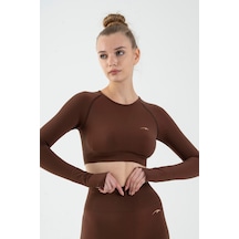 Maraton Active Slimfit Kadın Bisiklet Yaka Uzun Kol Training Sepya Crop Top 816005 Kahverengi