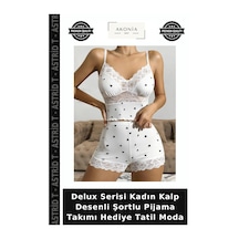Astrid T Delux Serisi Kadın Kalp Desenli Şortlu Pijama Takımı Hediye Tatil Moda Beyaz