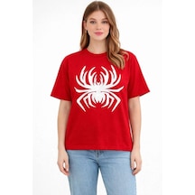 Kadın Örümcek Baskılı Tişört Kısa Kollu Bisiklet Yaka T-shirt - Kırmızı
