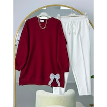 Lovie Moda Kurdele Nakışlı Tesettür Tunik Pantolonlu Takım Bordo