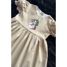 Kedili Kız Şeker Baskılı Camel Kız Çocuk Bebek Elbise 001