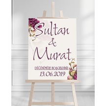 Söz Nişan Düğün İçin 50x70 Karşılama Panosu - Mor Çiçek Tasarımlı 008 Beyaz