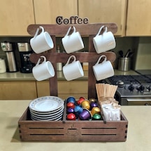 Ahşap Kahve Köşesi - Fincan Askılık, Kahve Kapsülü Ve Şeker Organizeri, Kahve Sepeti. 30cm Ahşap Stand