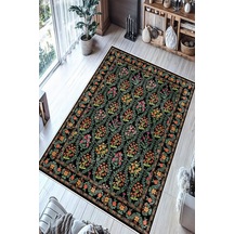 Vintage Floral Desen Baskılı Yıkanabilir Kaymaz Halı Salon Oturma Odası Mutfak Antre Halısı Yolluk Siyah