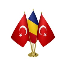Masa Üstü Romanya Bayrağı Türk Bayrağı Üçlü Pirinç Direk Masa Bay