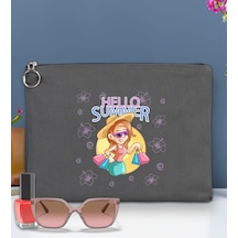 Bk Gift Yaz Temalı-2 Astarlı Antrasit Portföy Çanta 30x21cm, Baskılı El Çantası, Organizer Çanta Çok Renkli