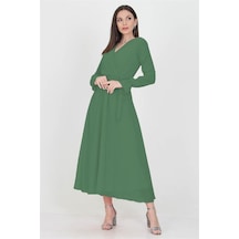 Neşeli Butik Kadın Kruvaze Yaka Zümrüt Yeşili Uzun Şifon Elbise Kts003 Yeşil