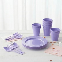 Lila Renkli Plastik Parti Takımı / Parti Seti - Bardak 25 Adet ,çatal 25 Adet ,tabak 6 Adet ,kaşık 25 Adet-
