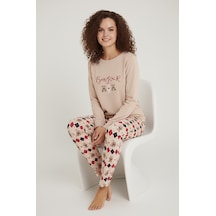 Luxury Thermal Bonjour Köpek Desenli Kadın Polar Kışlık Pijama Takımı 42042 Bej
