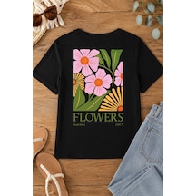 Spoyi Çiçek Marketi Tasarımlı %100 Pamuk Yarım Oversize Siyah T-shirt