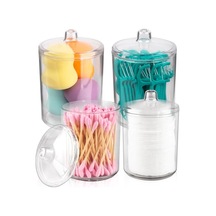 Qtip Tutucu, Makyaj Makyaj Düzenleyici Depolama, Kapaklı Şeffaf Plastik Eczacı Kavanozları, Banyo Pamuklu Çubuk Dispenseri, 2x10oz Ve 2x7oz, 4'lü Paket, Kahverengi Ahşap Kapaklar,