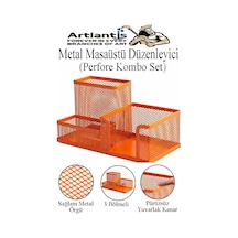 Masaüstü Metal Kalemlik Seti 3 Lü Kombo 1 Paket Fileli Perfore Renkli Kalemlik Kağıtlık Küpnotluk Düzenleyici Turuncu