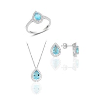 Gümüş Rodyumlu Akuamarin Taşlı Damla Modeli Üçlü Set