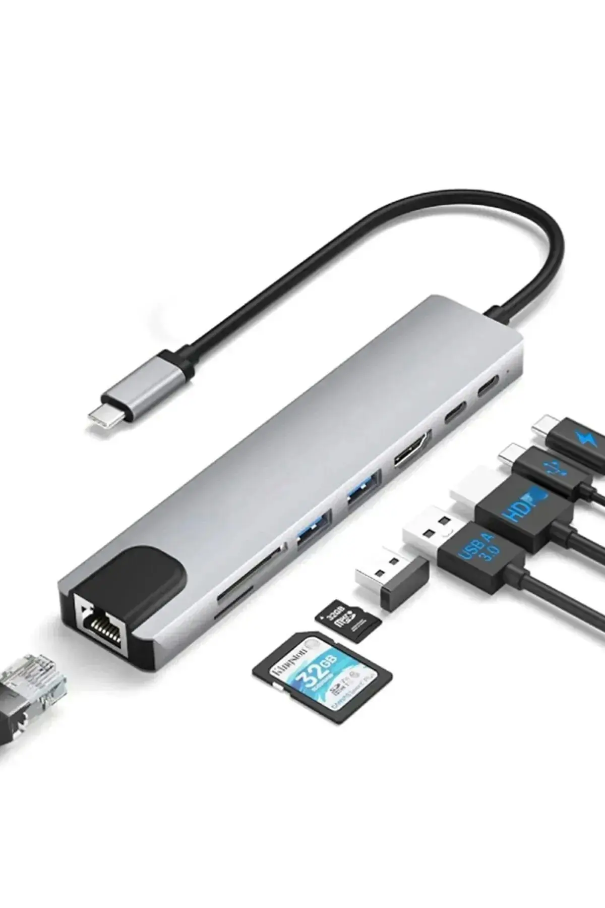 Yeni Nesil Ethernet Girişi Usb Çoklayıcı 8in1 Usb Typec Hub Port Hdmi Usb Adaptör Type-c Girişli Hub