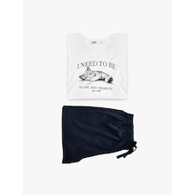 Koton Baskılı Uzun Kollu Bisiklet Yaka Pamuklu Pijama Takımı Beyaz 7wlk40119mk