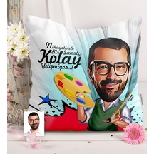 Kişiye Özel Bay Ressam Karikatürlü Saten Yastık - 1