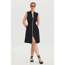 Dik Yaka Fermuar Detaylı Yazlık Elbise Siyah