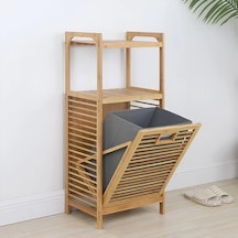 2 Organizer Raflı - Çek Aç Sepet Ahşap Bambu Kirli Çamaşır Sepet 40x35x95cm 5468 Çok Renkli
