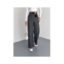 Gugus Kadın Cepsiz Dokuma Kumaş Pantolon Beli Cırtlı Bol Paça Wide Leg Model Füme
