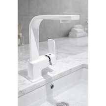 Beyaz Kare Banyo Lavabo Bataryası Musluğu Beyaz Krom Lavabo Bataryası Beyaz