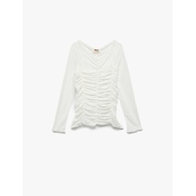Koton Uzun Kollu Slim Fit Büzgülü Tül Bluz Ekru 6wkg60023ak Ekru