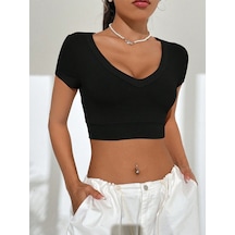 Liona Geniş V Yaka Siyah Renk Fitilli Kısa Kollu Slim Fit Crop Top Bluz Siyah