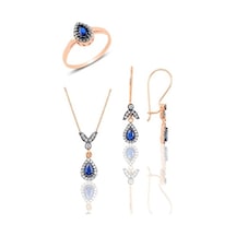 Gümüş Rose Safir Taşlı Damla Üçlü Set