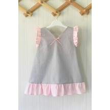 Fırfır Ve Kurdele Detaylı Kolsuz Kız Çocuk Bebek Gri Pembe Çizgil
