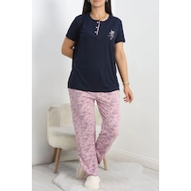 Seka Store Seka Viskon Düğmeli Nakışlı Battal Takım Lacivertpembe - 70043.1048. Çok Renkli
