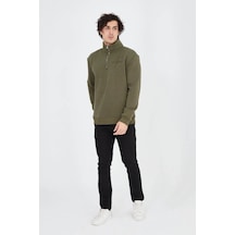 Erkek Yarım Fermuarlı Baskılı 3 İplik Pamuklu Sweatshirt - Yeşil YESIL