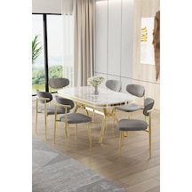 Canisa Olya Serisi 90x168 Lak Panel Beyaz Mermer Desen Masa Takımı Gold Ayaklı 6 Gri Sandalye Masa Beyaz Mermer Gri Sandalye