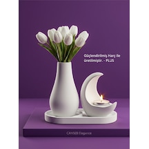 13cm Çiçek Pampas Vazosu & 11cm Hilal Mumluk & 17cm Oluklu Tepsi 1 Adet Tealight Mum Hediyeli 36801638