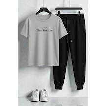 Uyguntarz Unisex The Future Tasarım Baskılı Tişört - 2'li Eşofman Takımı Gri