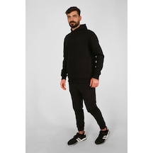 Nature The Brand Kapüşonlu Sweatshirt Fleto Cep Detaylı Reflektör Baskılı Şardonlu Siyah