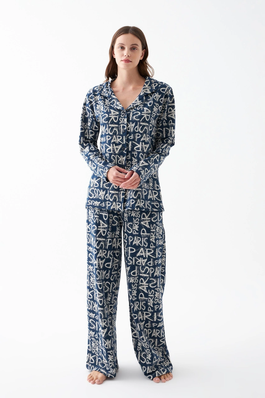 Akbeniz Kadın Lacivert Paris Yazı Desenli Düğmeli Pamuklu Pijama Takımı Lacivert